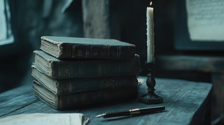 Table stacked with aged hardcover books, fountain pen, and an unlit candle for an old-world vibeの素材