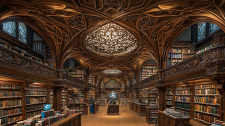 Ornate library ceiling with carved wood and arches above rows of well-organized classic booksの素材
