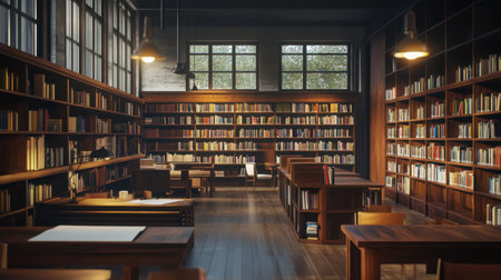 Wide view of a vintage study room with rows of bookshelves and elegant dark wood finishの素材