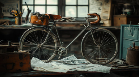 Classic bicycle with leather saddle and metal frame, surrounded by old newspapers and toolsの素材