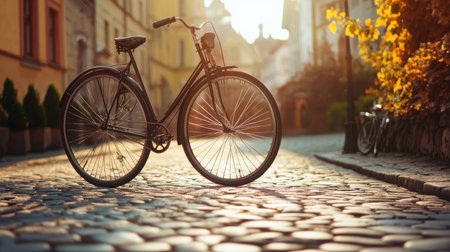 A historic penny-farthing bicycle standing alone in an old town square, bathed in warm sunlightの素材