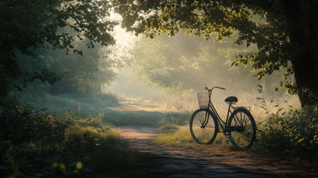 Lone bicycle from the early 1900s standing near an overgrown path in soft morning lightの素材
