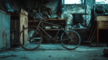 Antique bicycle frame with iron pedals and curved handlebars resting in a dimly lit garageの素材