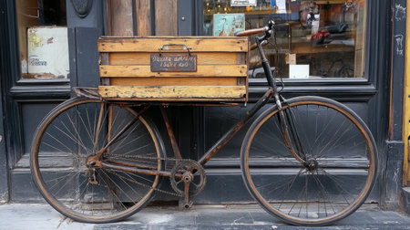 Antique delivery bike with a faded wooden crate attached, sitting in front of an old shopfrontの素材