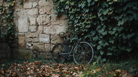 Old bicycle leaned beside a cracked stone wall, with ivy creeping over its frameの素材
