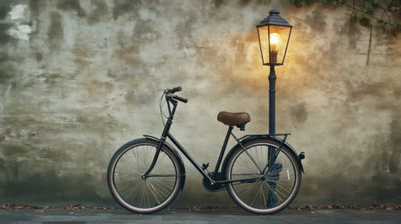 Classic black bicycle resting under an old streetlamp with a nostalgic early 1900s aestheticの素材