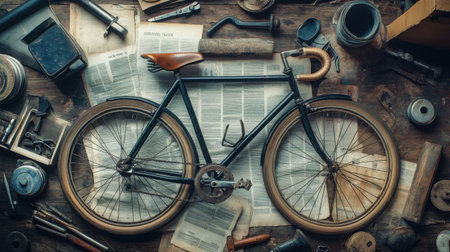Classic bicycle with leather saddle and metal frame, surrounded by old newspapers and toolsの素材