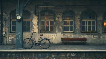 Historic bicycle beside an abandoned train station platform with vintage architectureの素材