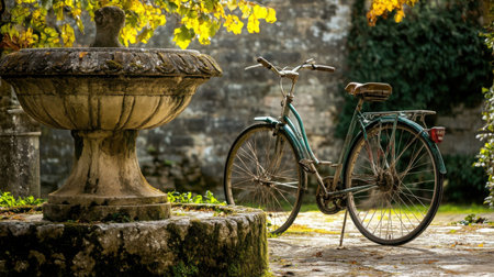 Classic European-style bike, untouched by time, resting near an ancient stone fountainの素材