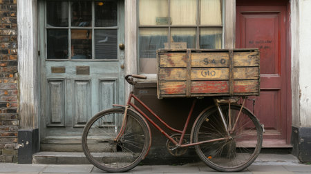 Antique delivery bike with a faded wooden crate attached, sitting in front of an old shopfrontの素材