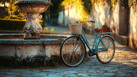 Classic European-style bike, untouched by time, resting near an ancient stone fountainの素材