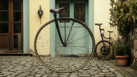 Vintage bicycle with a large front wheel and tiny rear wheel, displayed on cobblestone pavementの素材