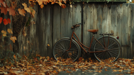 Old-fashioned bike parked beside a weathered wooden fence, surrounded by fallen autumn leavesの素材