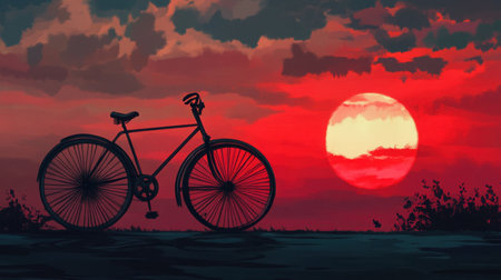 Vintage bicycle silhouette against a sunset backdrop, evoking memories of a bygone eraの素材