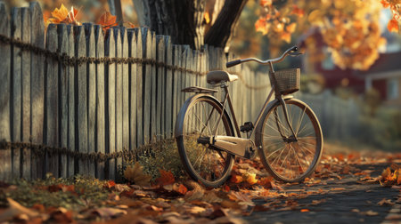 Old-fashioned bike parked beside a weathered wooden fence, surrounded by fallen autumn leavesの素材