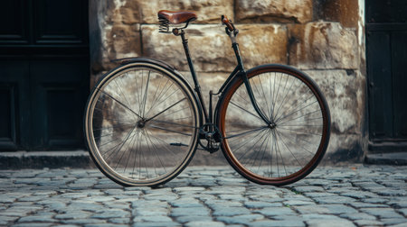 Vintage bicycle with a large front wheel and tiny rear wheel, displayed on cobblestone pavementの素材