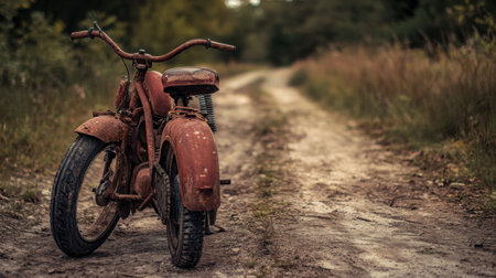 Vintage two-wheeler on a dirt road, tires cracked, metal frame dulled by timeの素材