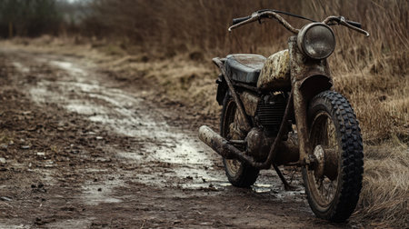 Vintage two-wheeler on a dirt road, tires cracked, metal frame dulled by timeの素材