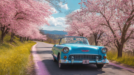 An old convertible on a country road lined with cherry blossom trees in full bloomの素材
