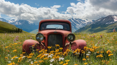 Antique vehicle sitting quietly in a flower-filled meadow, framed by mountains and skyの素材