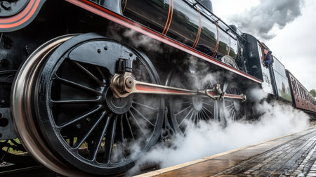 A close-up of the wheels and undercarriage of a vintage train on a weathered platform, with steam risingの素材