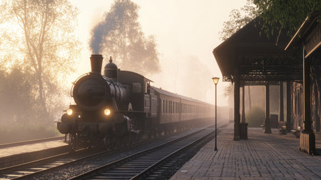 A vintage steam locomotive arriving at an old countryside train station platform, surrounded by mist and soft morning lightの素材