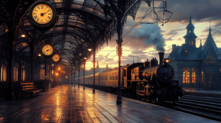 Classic European train platform with iron canopies, hanging clocks, and a steam train arriving at duskの素材