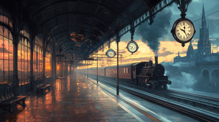 Classic European train platform with iron canopies, hanging clocks, and a steam train arriving at duskの素材