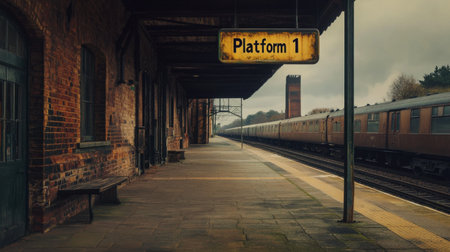 A wide shot of a deserted vintage railway platform with a faded "Platform 1" sign and a distant trainの素材