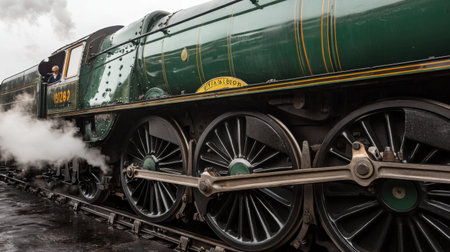 A close-up of the wheels and undercarriage of a vintage train on a weathered platform, with steam risingの素材