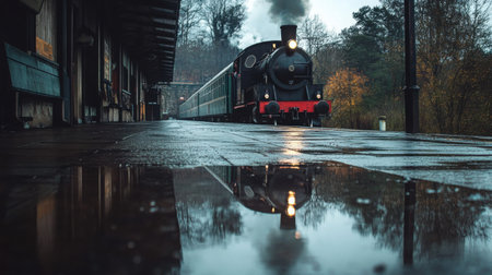 A rainy day at an old train platform with reflections on the ground and a classic locomotive waiting in the distanceの素材