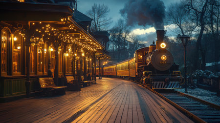 Evening scene of a historic train station platform with an antique train under warm glowing lightsの素材