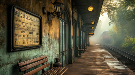 An old-fashioned train timetable board on a platform wall, next to antique lanterns and benchesの素材