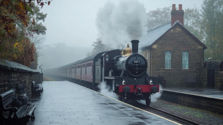 A vintage steam locomotive arriving at an old countryside train station platform, surrounded by mist and soft morning lightの素材