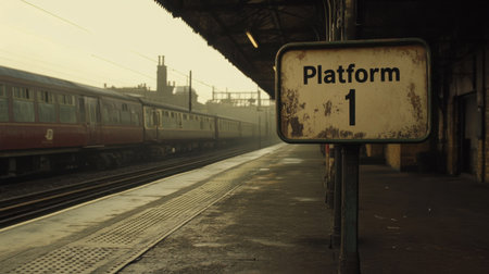 A wide shot of a deserted vintage railway platform with a faded "Platform 1" sign and a distant trainの素材