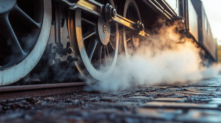 A close-up of the wheels and undercarriage of a vintage train on a weathered platform, with steam risingの素材