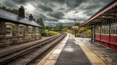 Classic train station with a long empty platform and retro signage under a cloudy sky, evoking a nostalgic travel vibeの素材
