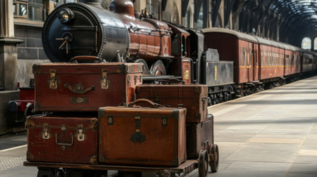 Luggage carts and leather suitcases on a classic train platform, with an antique train engine in the backgroundの素材