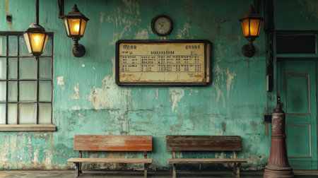 An old-fashioned train timetable board on a platform wall, next to antique lanterns and benchesの素材