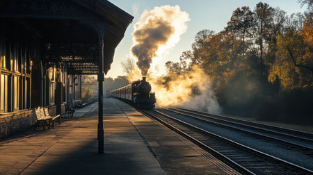 Early morning light casting long shadows on an old train platform as steam rises from a waiting locomotiveの素材