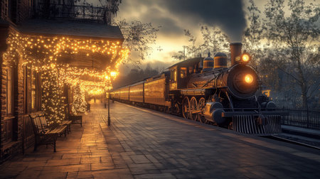 Evening scene of a historic train station platform with an antique train under warm glowing lightsの素材