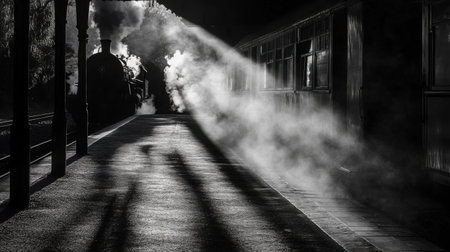Early morning light casting long shadows on an old train platform as steam rises from a waiting locomotiveの素材