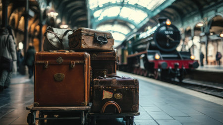 Luggage carts and leather suitcases on a classic train platform, with an antique train engine in the backgroundの素材