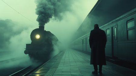 Elderly man in a trench coat waiting alone on a foggy platform as a classic train approachesの素材