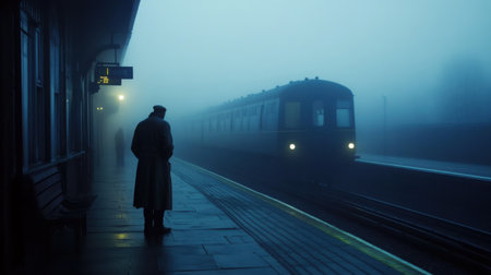 Elderly man in a trench coat waiting alone on a foggy platform as a classic train approachesの素材