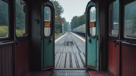 Interior view from inside a vintage train car looking out at the station platform through an open doorの素材