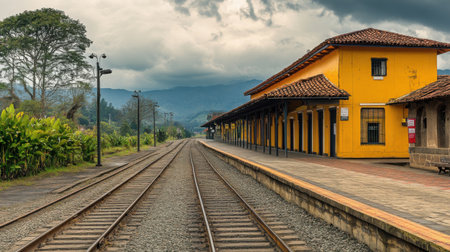 Classic train station with a long empty platform and retro signage under a cloudy sky, evoking a nostalgic travel vibeの素材