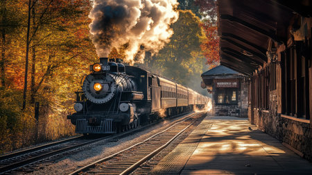 Early morning light casting long shadows on an old train platform as steam rises from a waiting locomotiveの素材