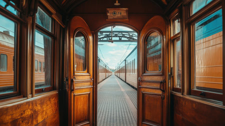 Interior view from inside a vintage train car looking out at the station platform through an open doorの素材