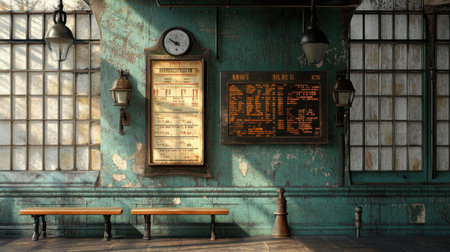 An old-fashioned train timetable board on a platform wall, next to antique lanterns and benchesの素材